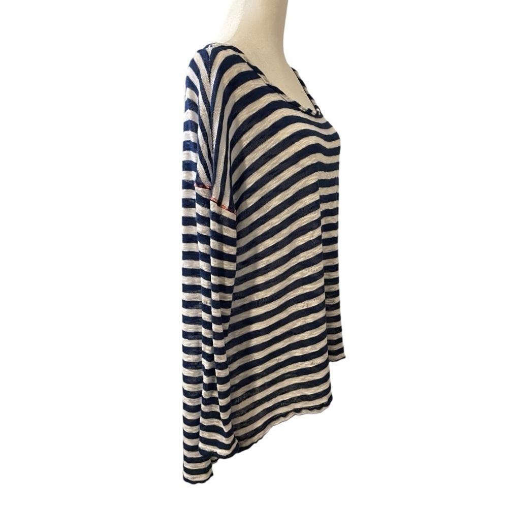 Vintage Havana Tunic Top Hi Low Stripe Long Sleeve Casual Women's Shirt Navy